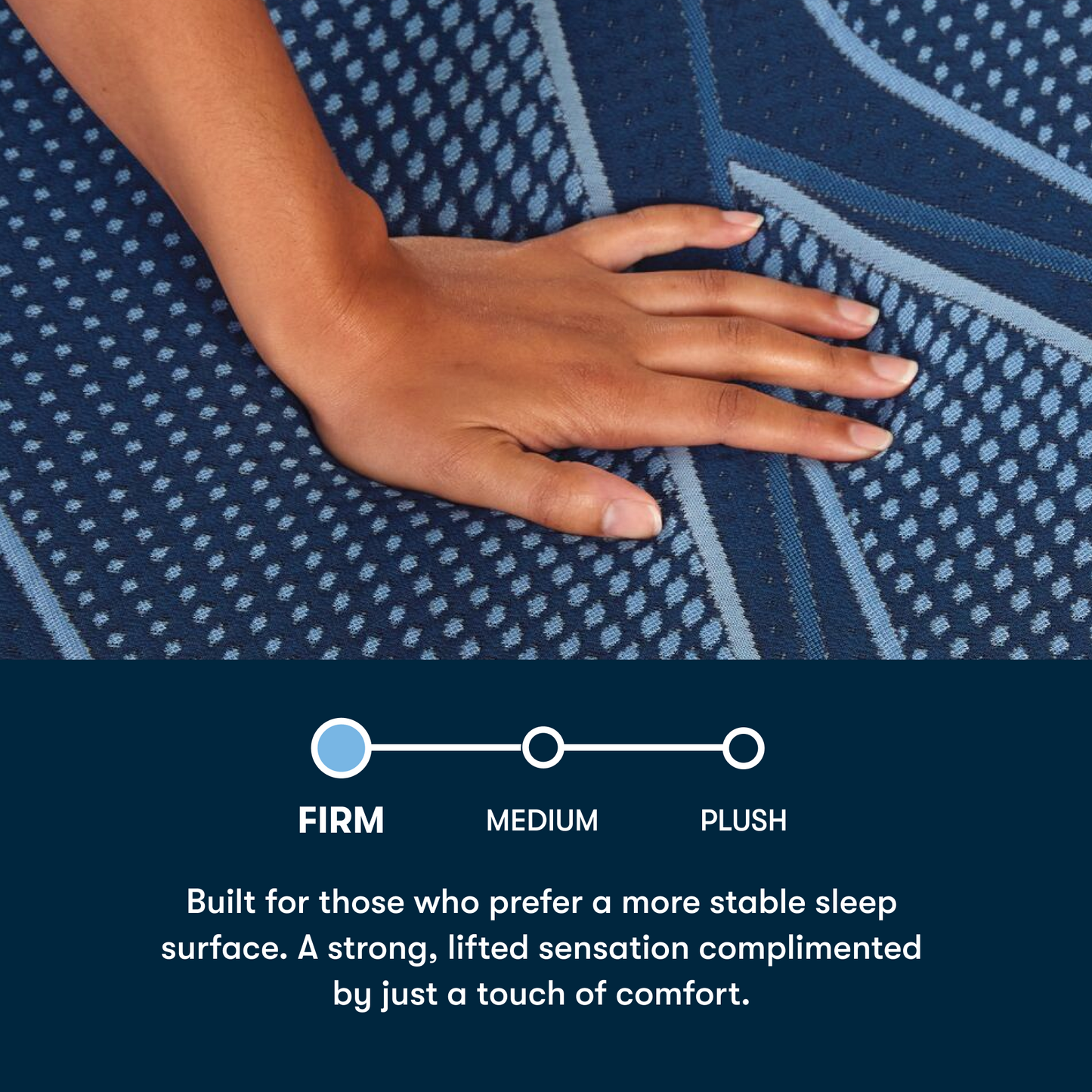 Hand on a textured blue Serta iSeries NXG Hybrid mattress surface with comfort level description