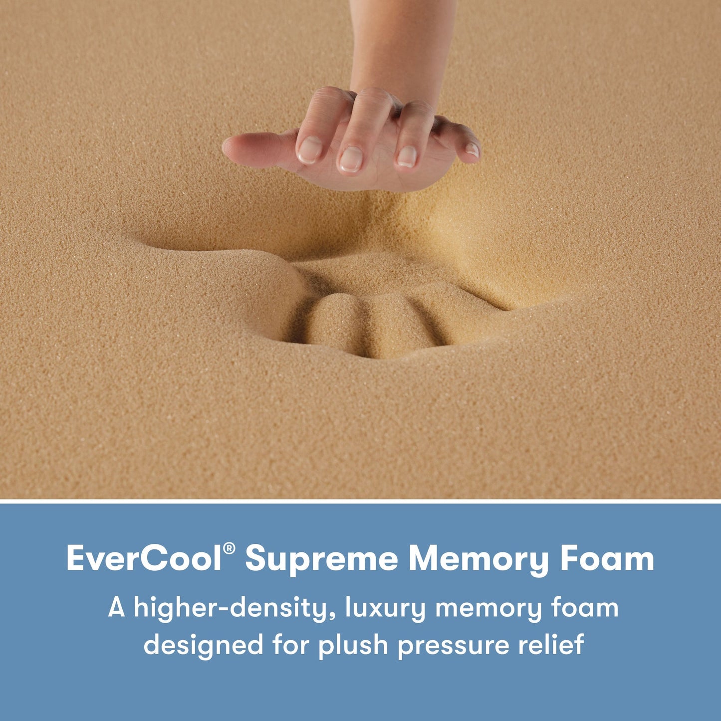 Woman's hand pressing on the memory foam inside of a Perfect Sleeper X Quilted Hybrid Excelled Plush Mattress || feel: Enhanced Plush || level: Level 1