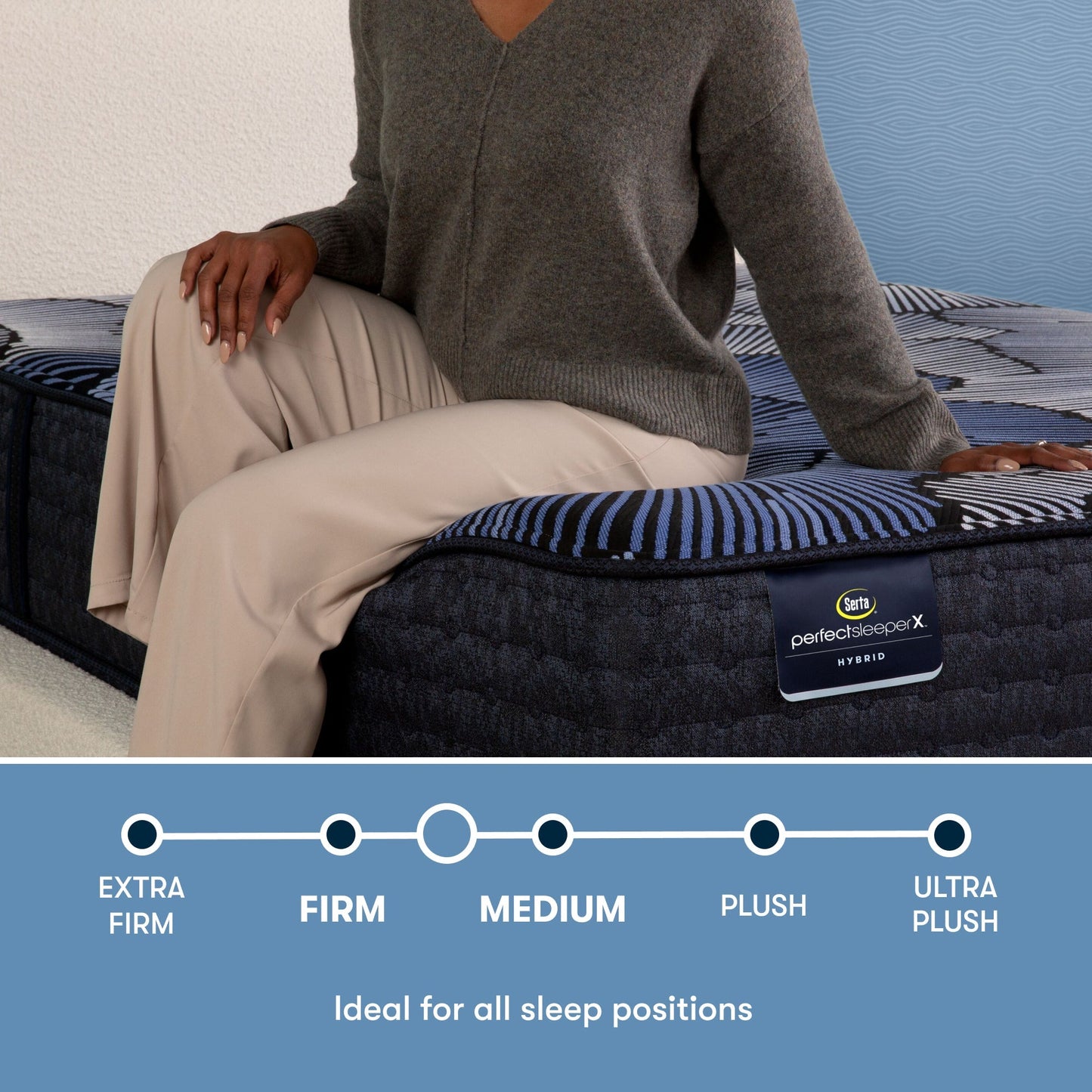 Perfect Sleeper X Hybrid Prescot Medium Firm comfort scale with a woman sitting on the left side of the mattress || feel: Medium Firm || level: Level 2