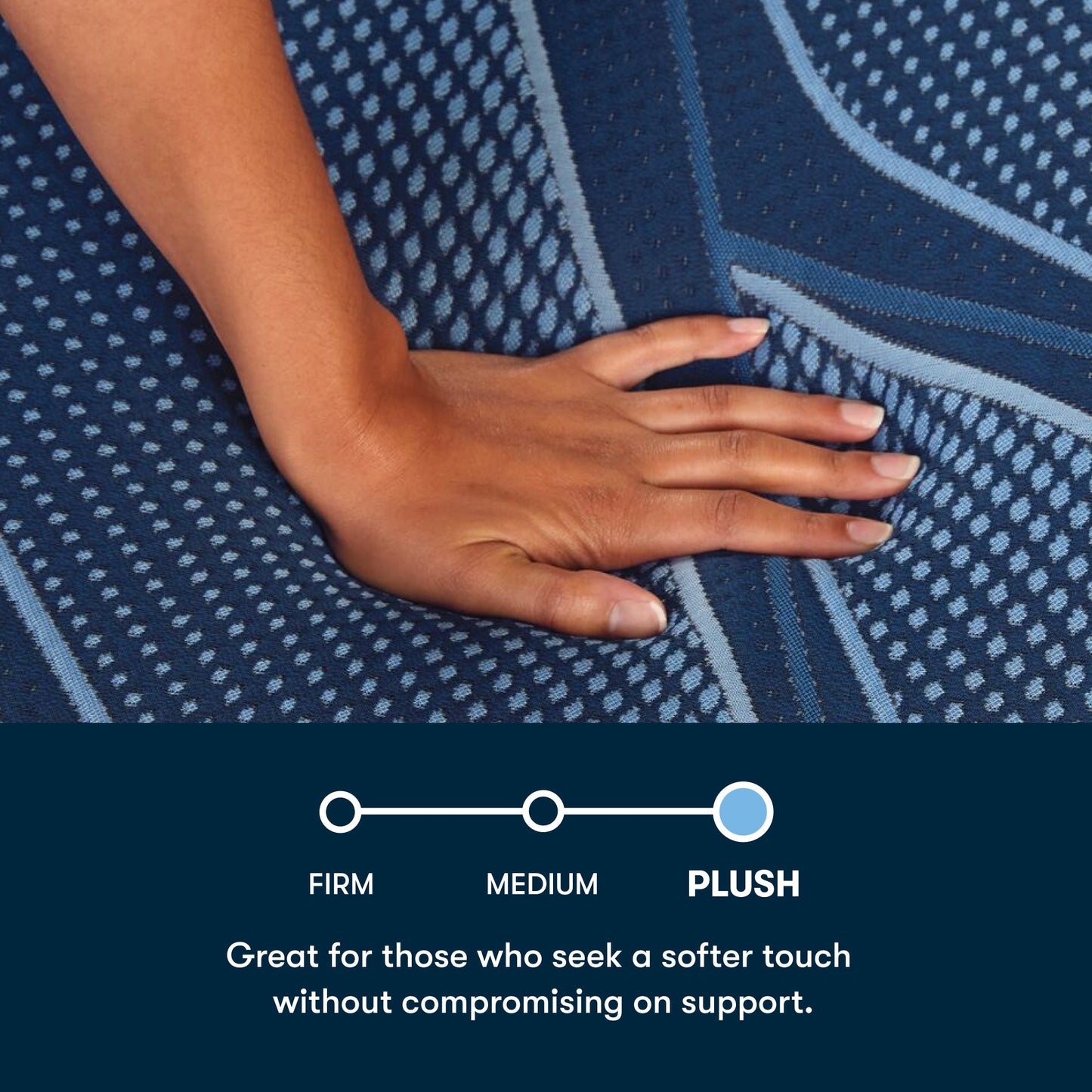 Hand on a plush blue iSeries® NXG Hybrid fabric with text indicating it's great for those seeking a softer touch.