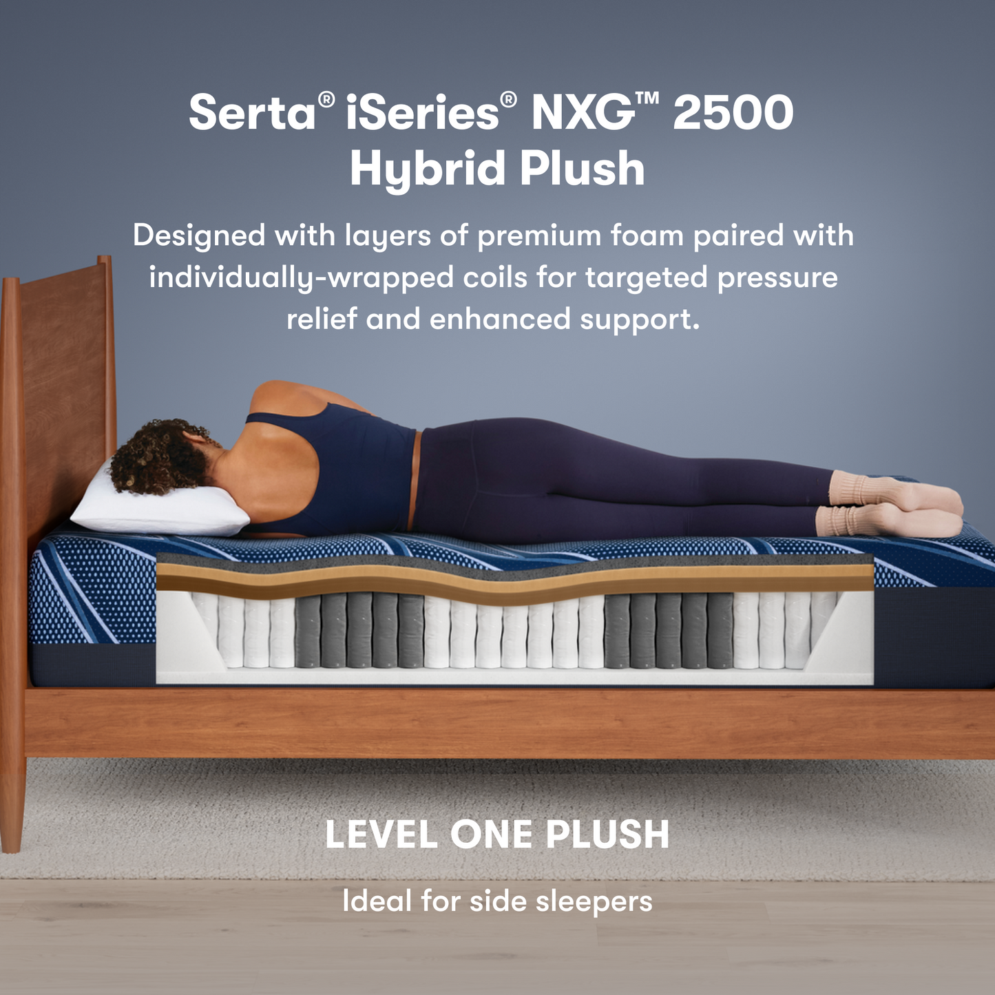 Serta iSeries NXG 2500 Hybrid Plush mattress with a person lying on it, showing mattress layers.