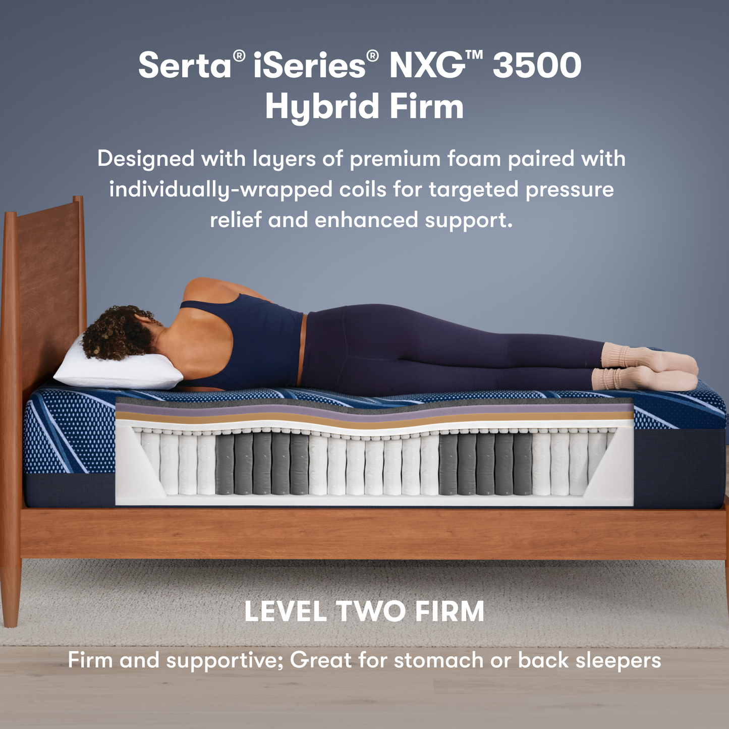 Serta iSeries NXG 3500 hybrid firm mattress with a person lying on it, showing mattress layers.