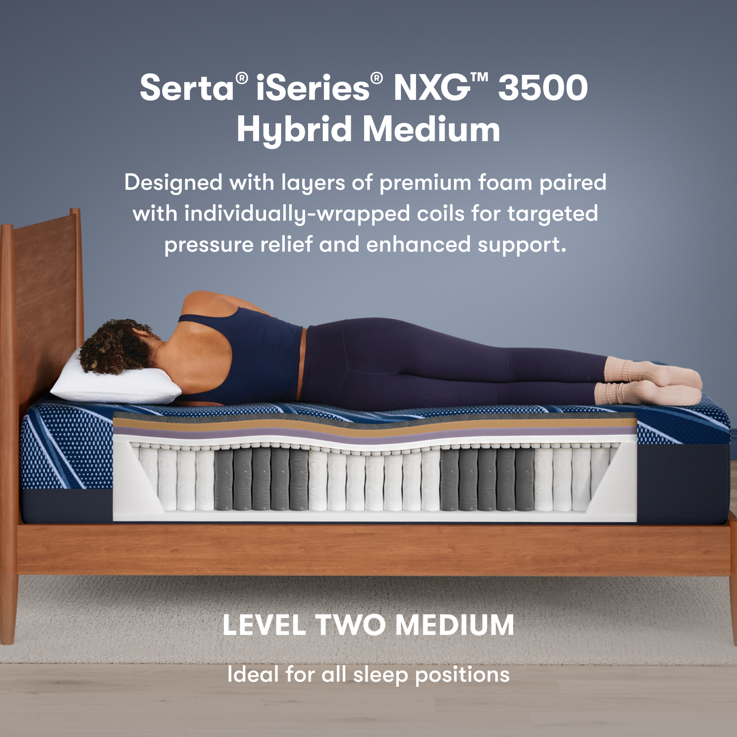 Serta iSeries NXG 3500 Hybrid Medium mattress with a person lying on it, showing its layers.