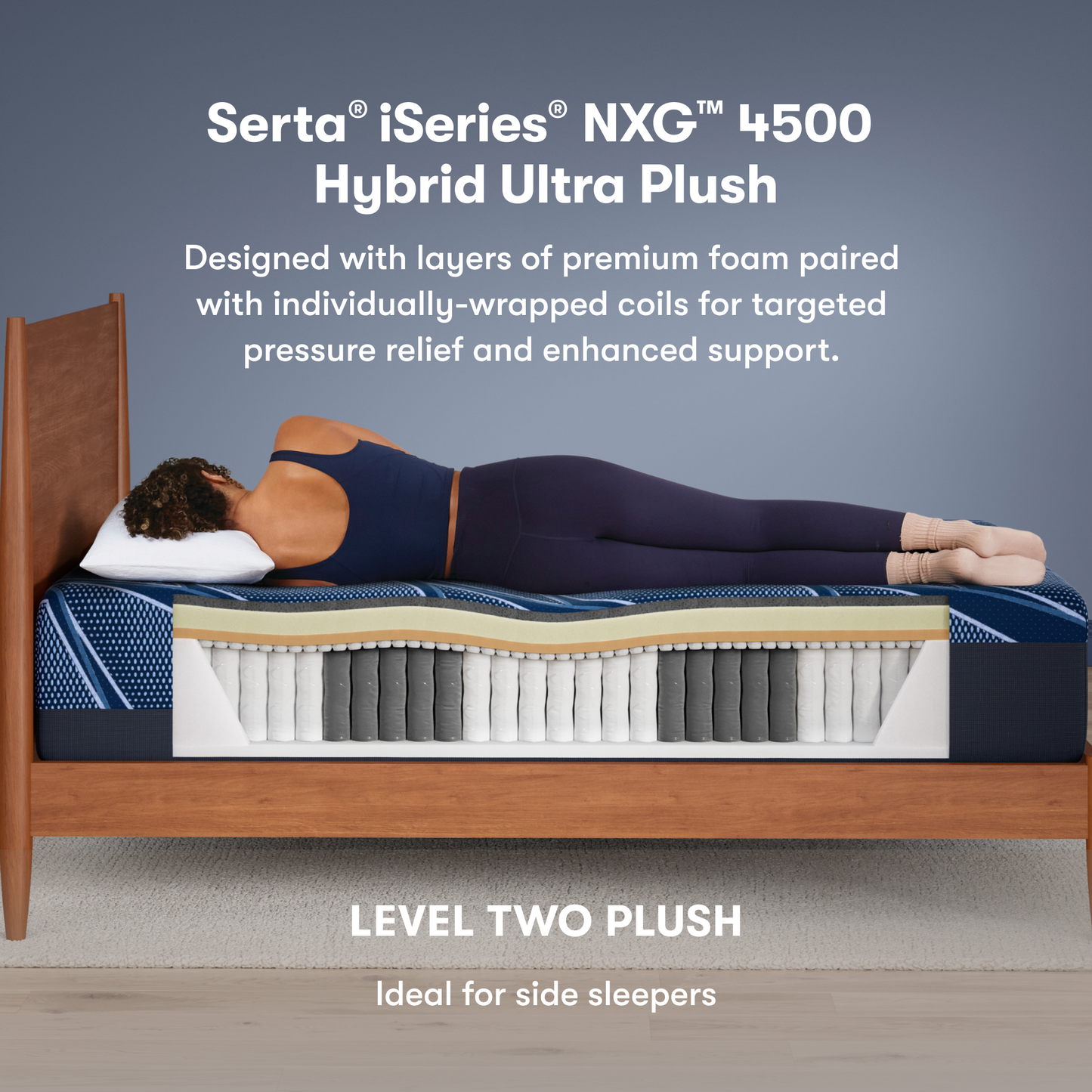Serta iSeries NXG 4500 Hybrid Ultra Plush mattress with a person lying on it, showing its layers.