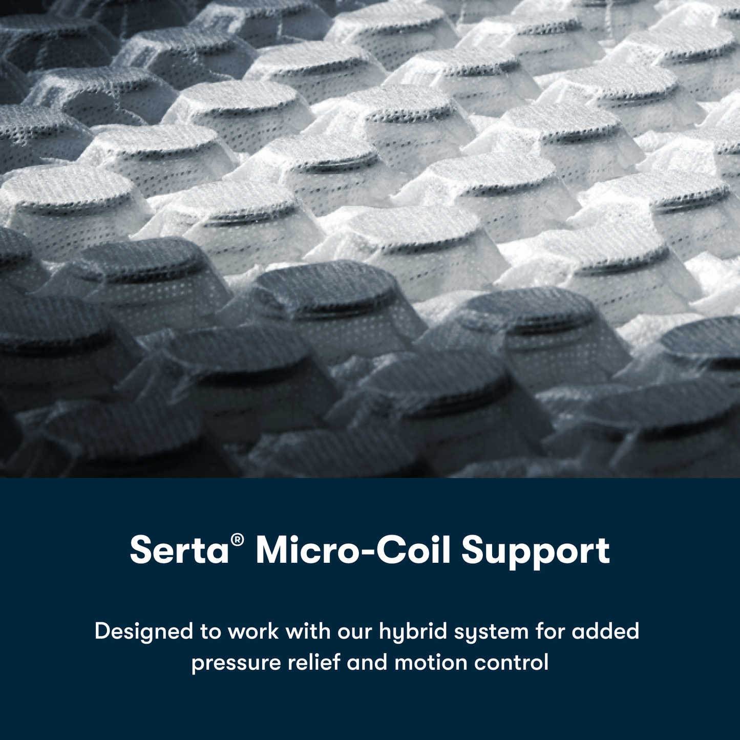 Close-up of Serta Micro-Coil Support with text about hybrid system benefits
