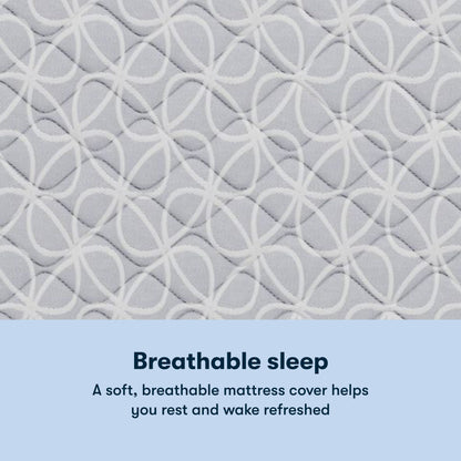 Text on a textured Serta Classic Clarks Hill Mattress cover with a pattern, promoting breathable sleep.