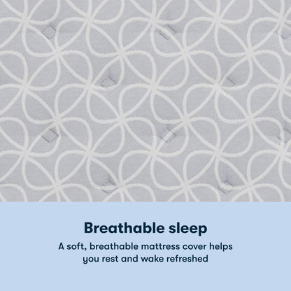 Serta Classic Clarks Hill Plush mattress with a chart underneath the image stating Breathable sleep. A soft, breathable mattress cover helps you rest and wake refreshed.