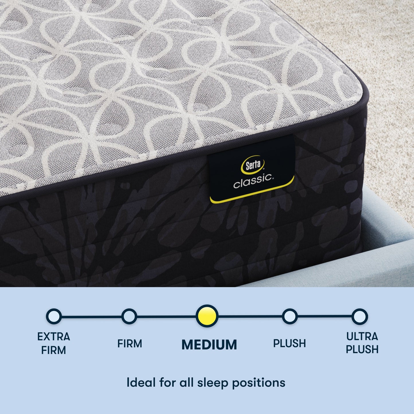 Serta Classic Clarks Hill Mattress with a patterned cover on a bed, showing sleep position compatibility.
