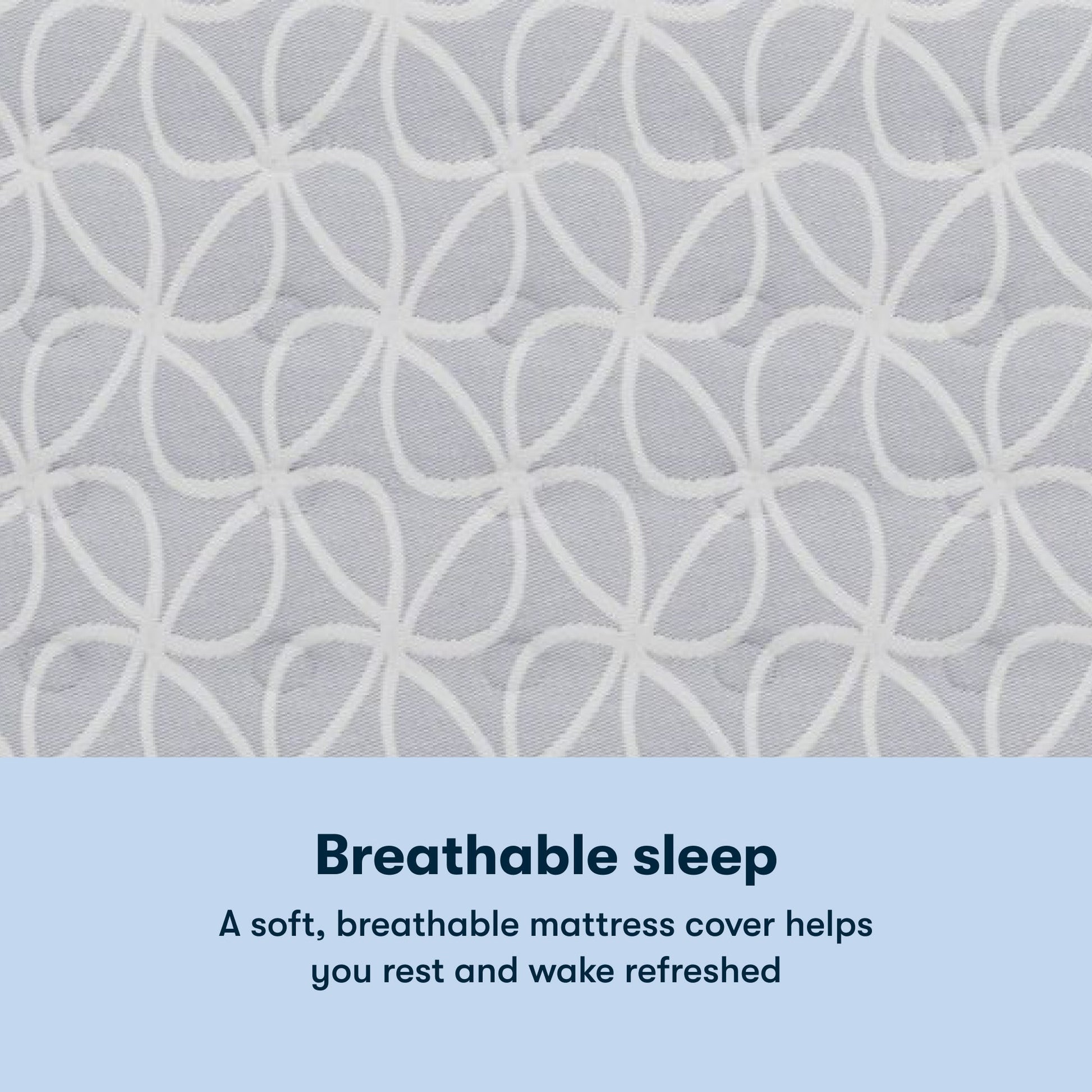 Text 'Breathable sleep' with a patterned Serta Classic Clarks Hill Mattress cover background