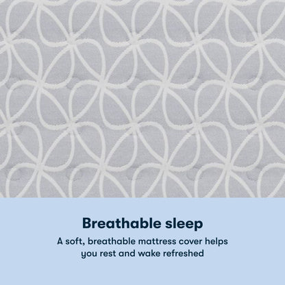 Text 'Breathable sleep' with a patterned Serta Classic Clarks Hill Mattress cover background