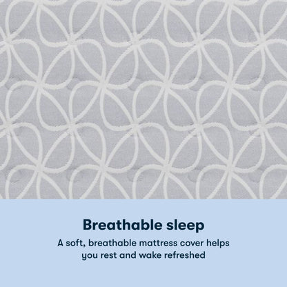 Serta Classic Clarks Hill Plush Pillow Top mattress with a chart underneath the image stating Breathable sleep. A soft, breathable mattress cover helps you rest and wake refreshed.