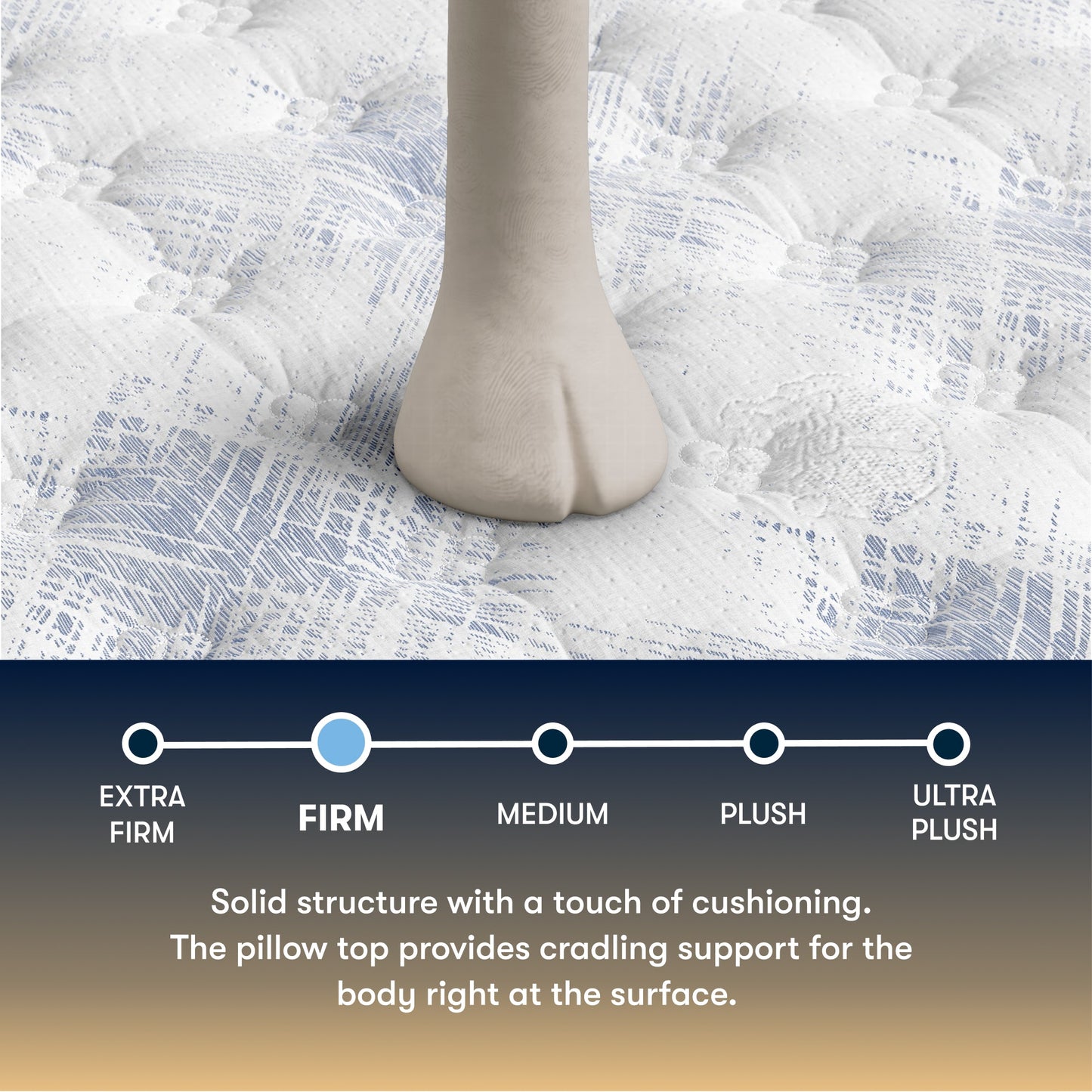 Foot on a textured Serta perfect sleeper firm mattress surface with a scale indicating pillow firmness levels.