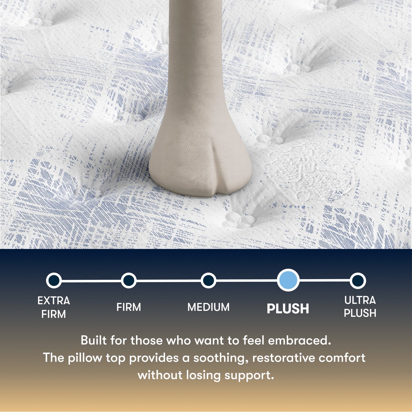 Serta perfect sleeper plush Mattress topper with foot on top, showing texture and support level description.