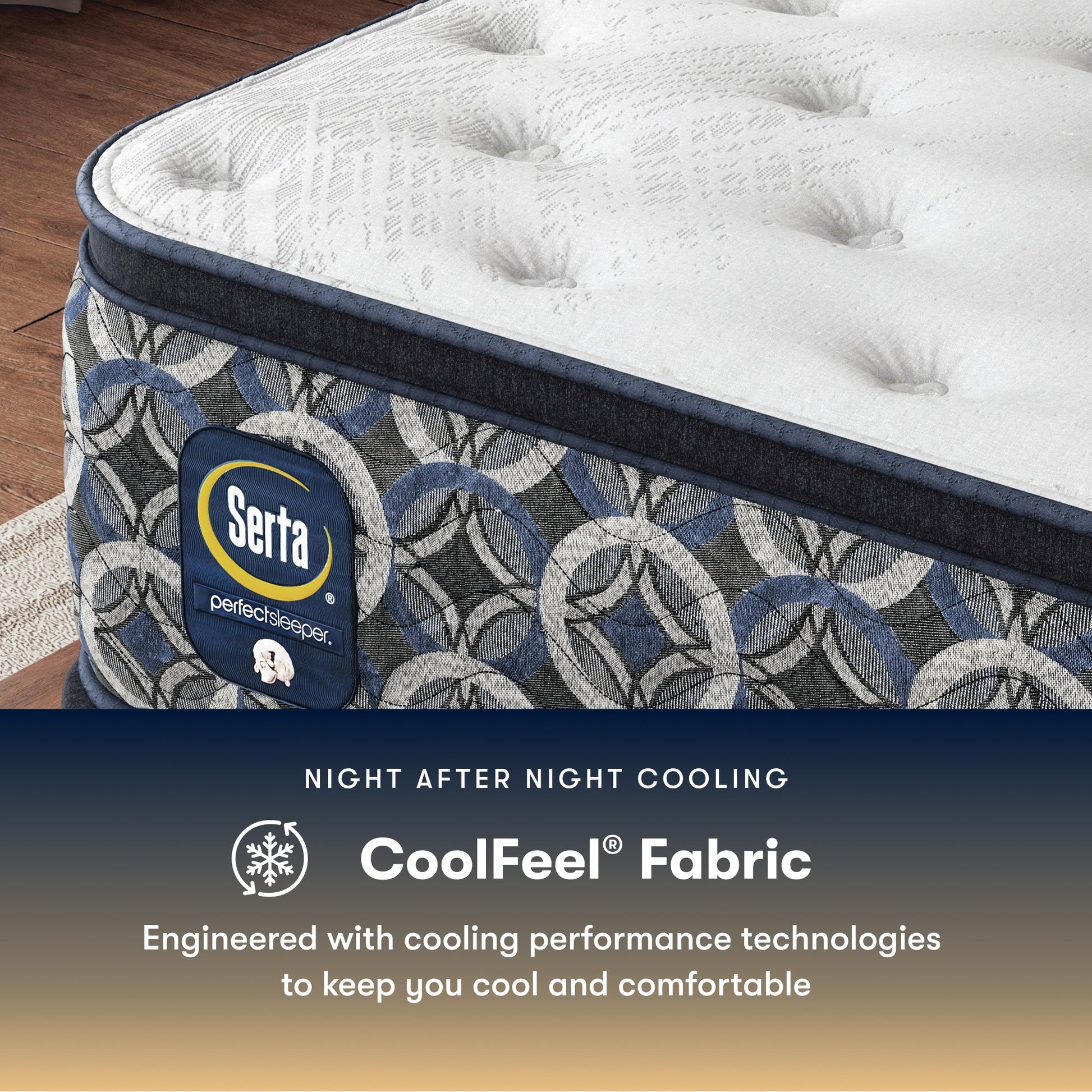 Serta perfect sleeper medium mattress with CoolFeel fabric feature on a wooden floor.