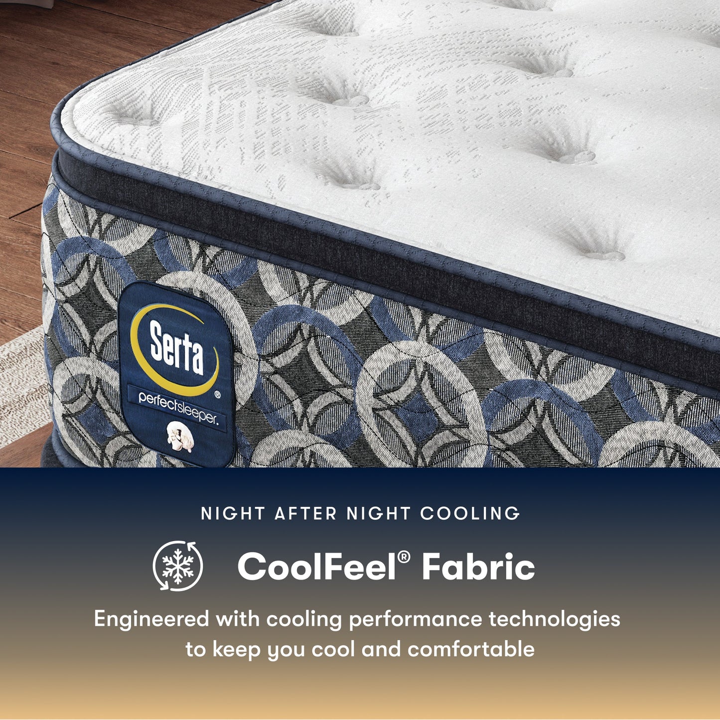 Serta perfect sleeper plush mattress with CoolFeel fabric feature on a wooden floor.