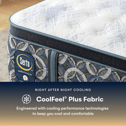 Serta perfect sleeper firm mattress with CoolFeel Plus Fabric feature on a wooden floor.