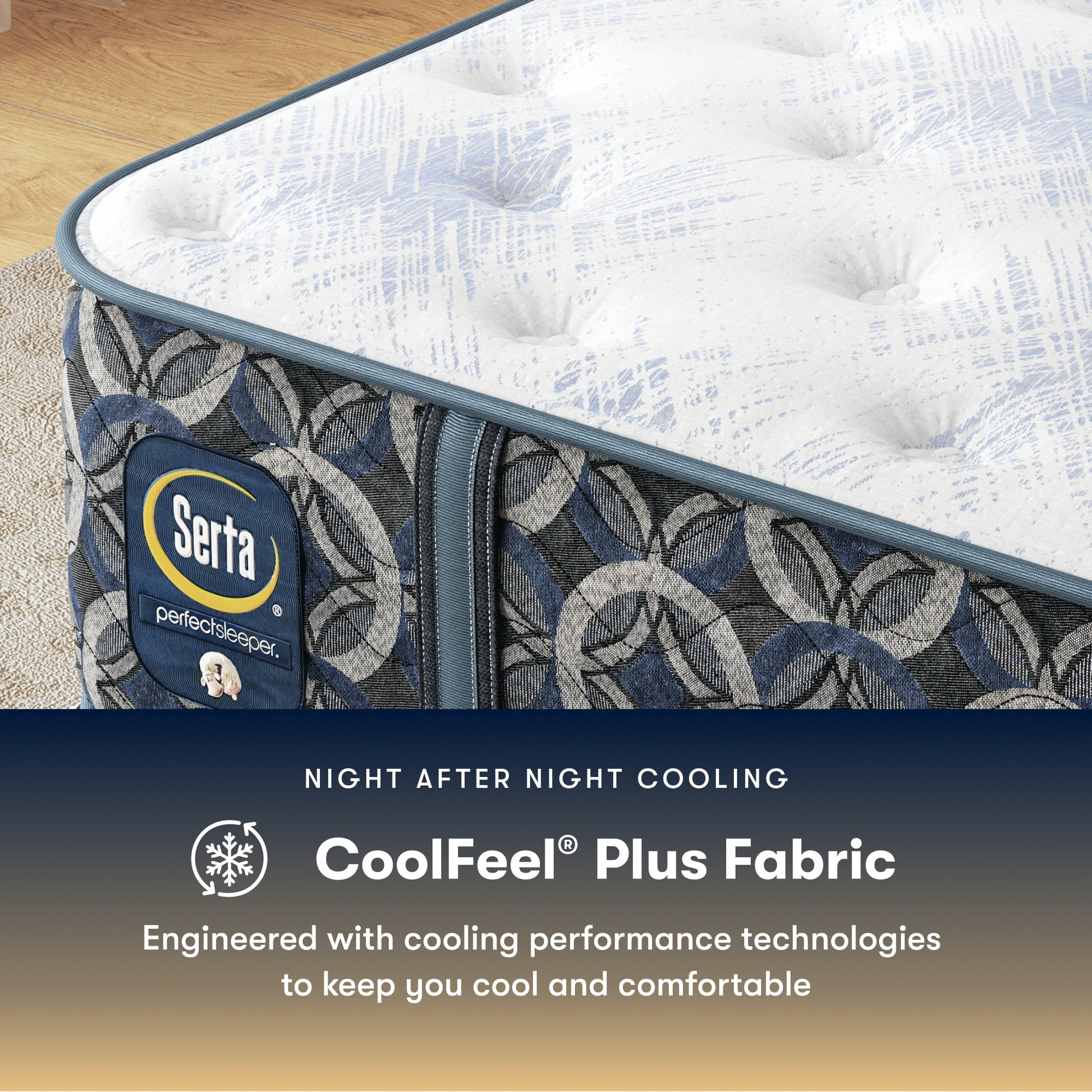 Serta perfect sleeper medium mattress with CoolFeel Plus Fabric feature on a wooden floor.