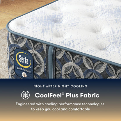 Serta perfect sleeper medium mattress with CoolFeel Plus Fabric feature on a wooden floor.