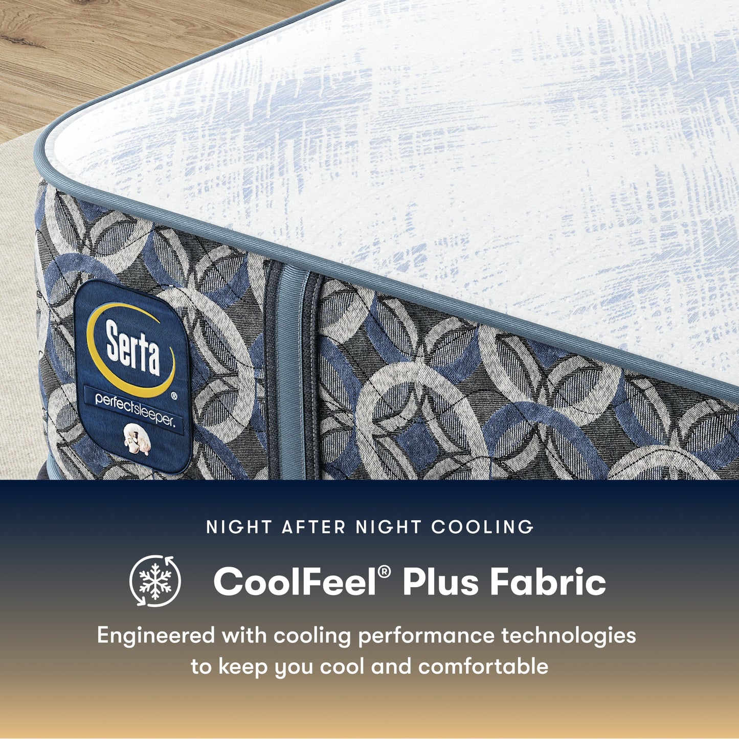 Serta perfect sleeper hybrid medium  mattress with CoolFeel Plus Fabric feature on a wooden floor.