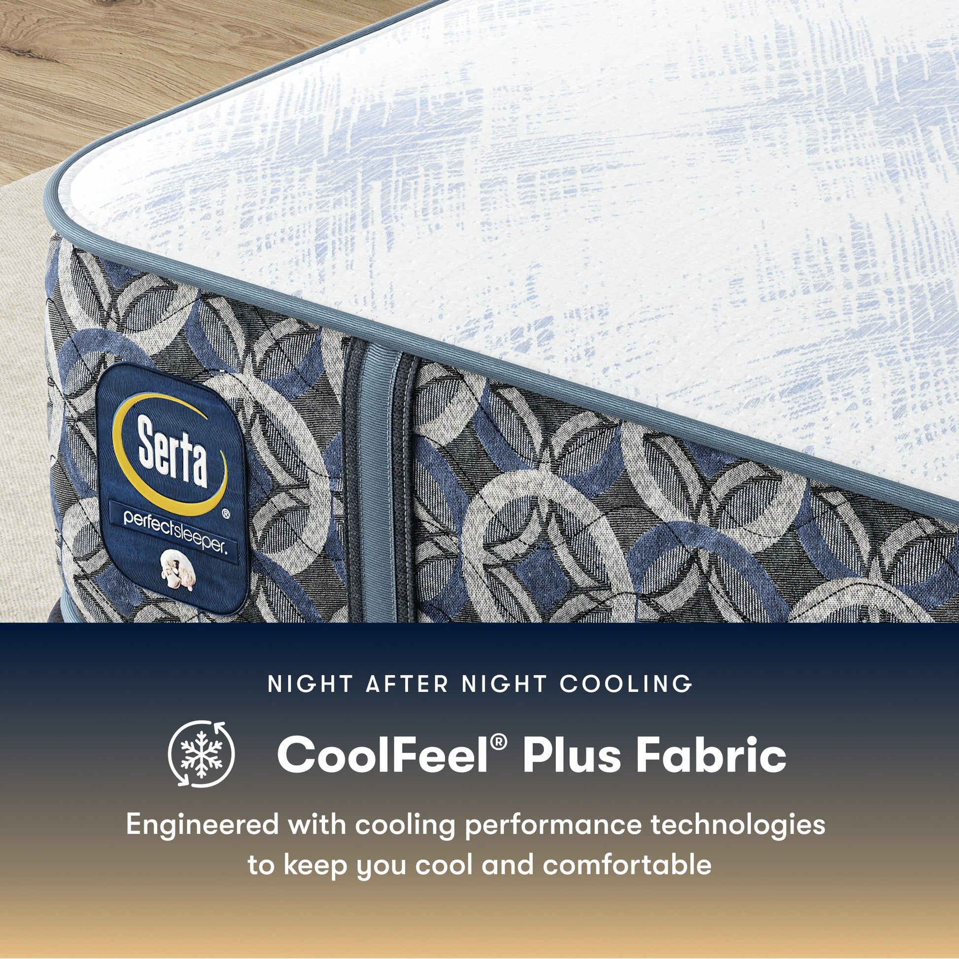 Serta perfect sleeper hybrid medium  mattress with CoolFeel Plus Fabric feature on a wooden floor.