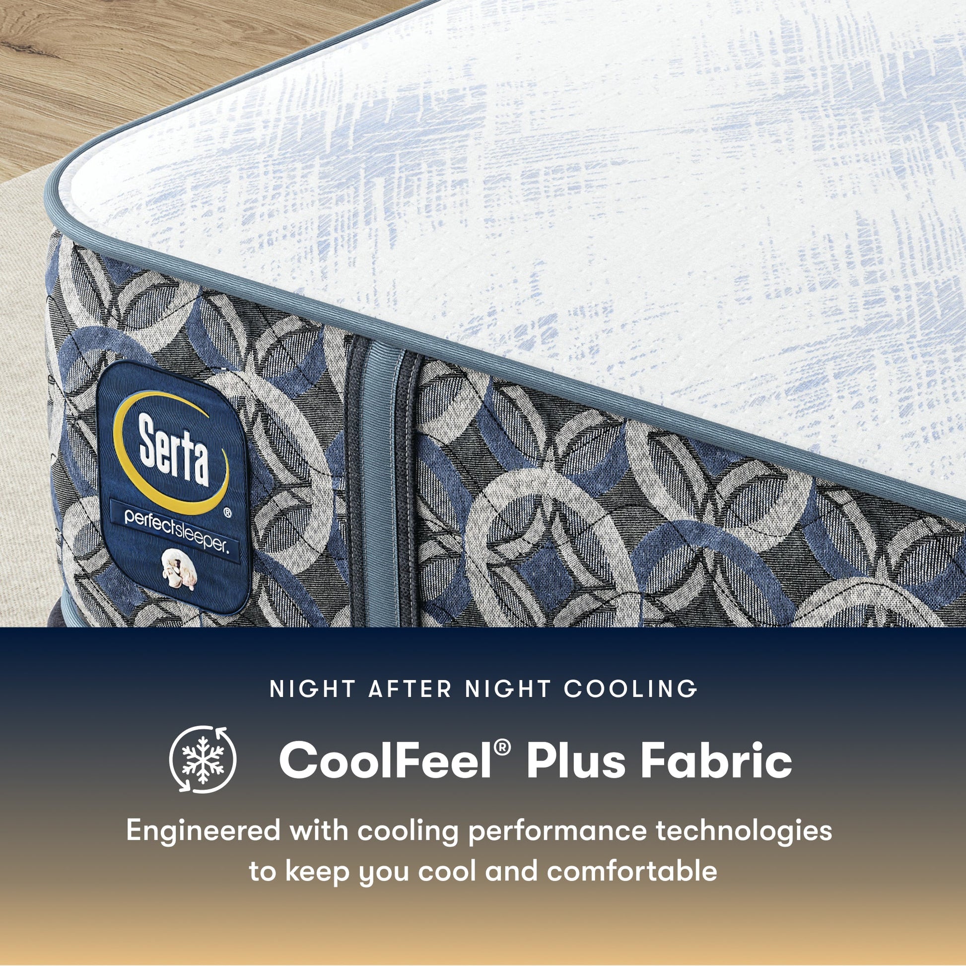 Serta pefect sleeper hybrid plush  mattress with CoolFeel Plus Fabric feature on a wooden floor.