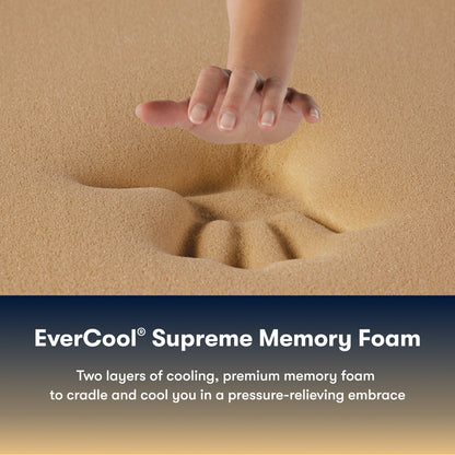Hand pressing into Serta pefect sleeper hybrid plush mattress foam with text about EverCool Supreme Memory Foam