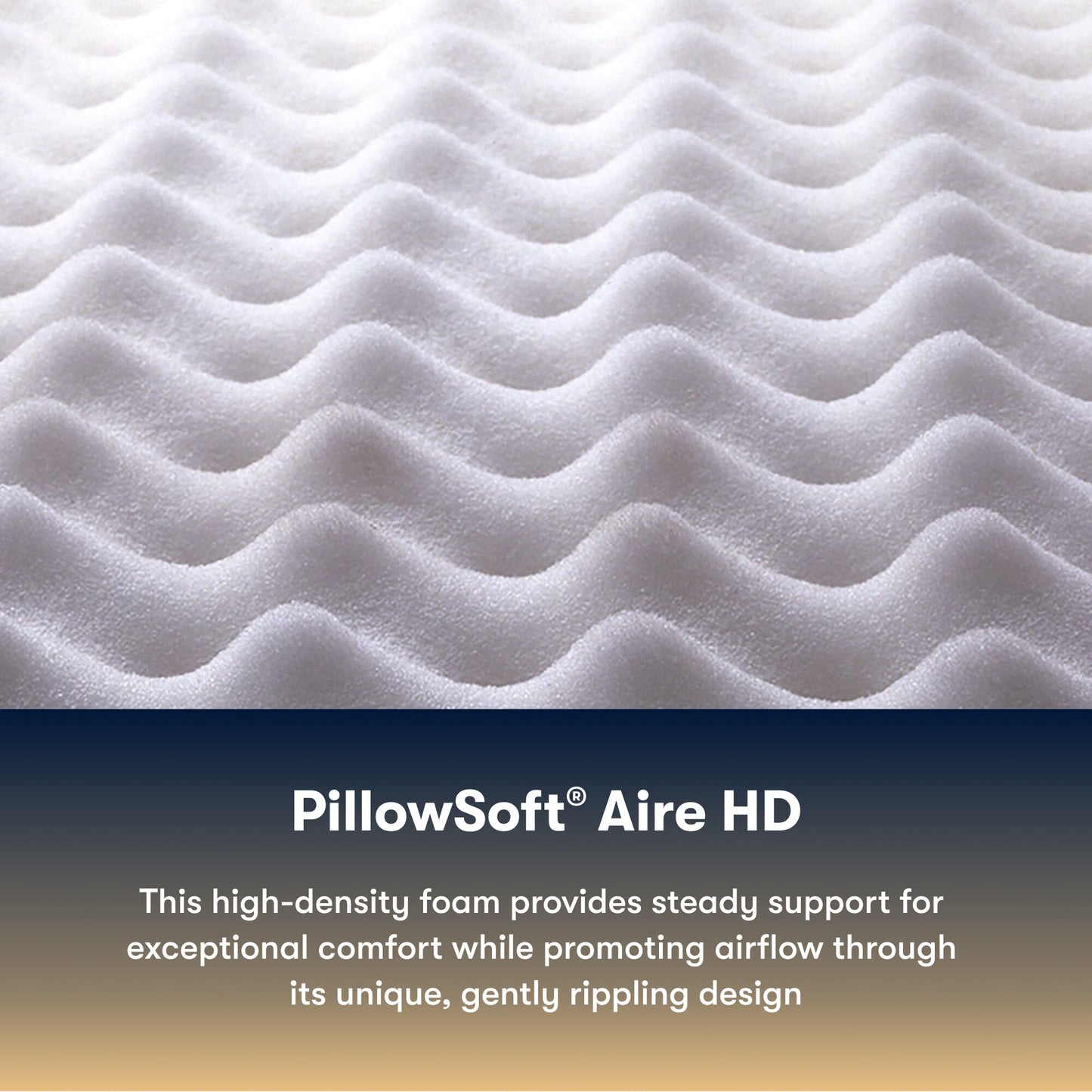 Close-up of PillowSoft Aire HD foam with text describing its features used on the Serta Perfect Sleeper firm mattress