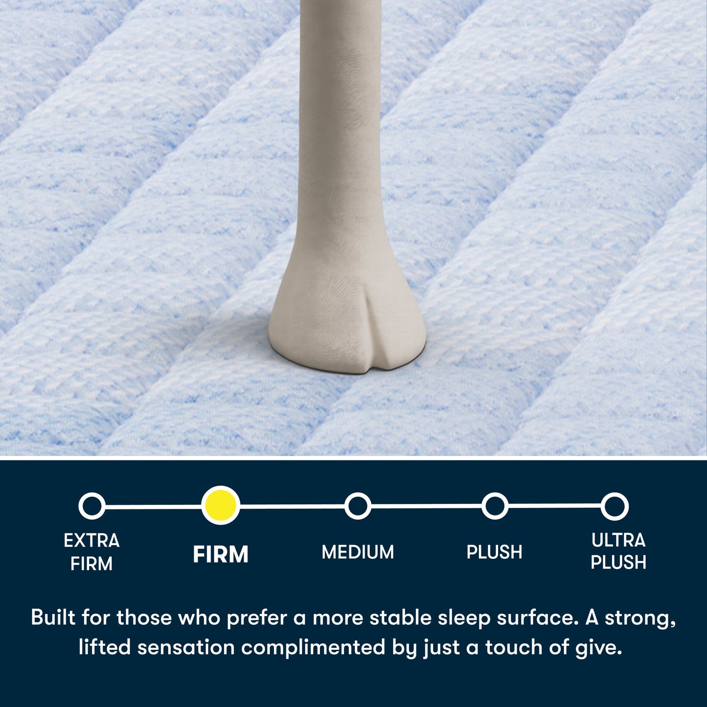 Close-up of a Serta Sheep's foot on a blue Serta 5 Star MIB mattress, featuring text stating built for those who prefer a more stable sleep surface. A strong, lifted sensation complimented by just a touch of give.