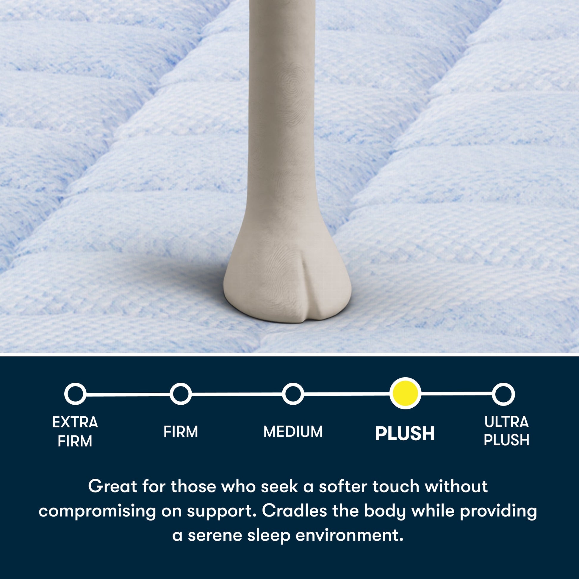 Close-up of a Serta Sheep's foot on a blue Serta 5 Star MIB mattress, featuring text stating great for those who seek a softer touch without compromising on support.  Cradles the body while providing a serene sleep environment.