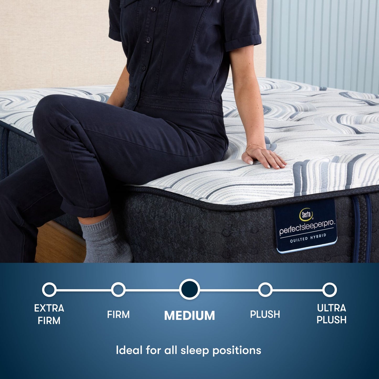 Perfect Sleeper Pro Kensington Medium Mattress comfort scale with a woman pictured sitting on left side of the bed || Level: Level 1 || Feel: Medium