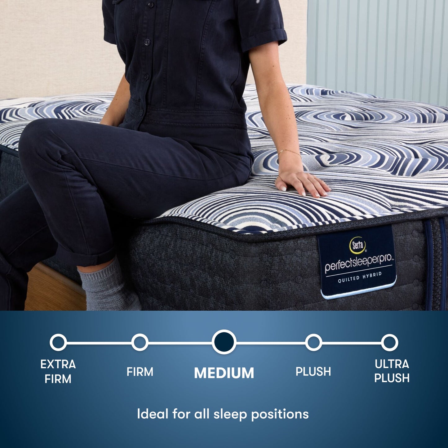 Perfect Sleeper Pro Dublin Medium Mattress comfort scale with a woman pictured sitting on left side of the bed || Level: Level 2 || Feel: Medium
