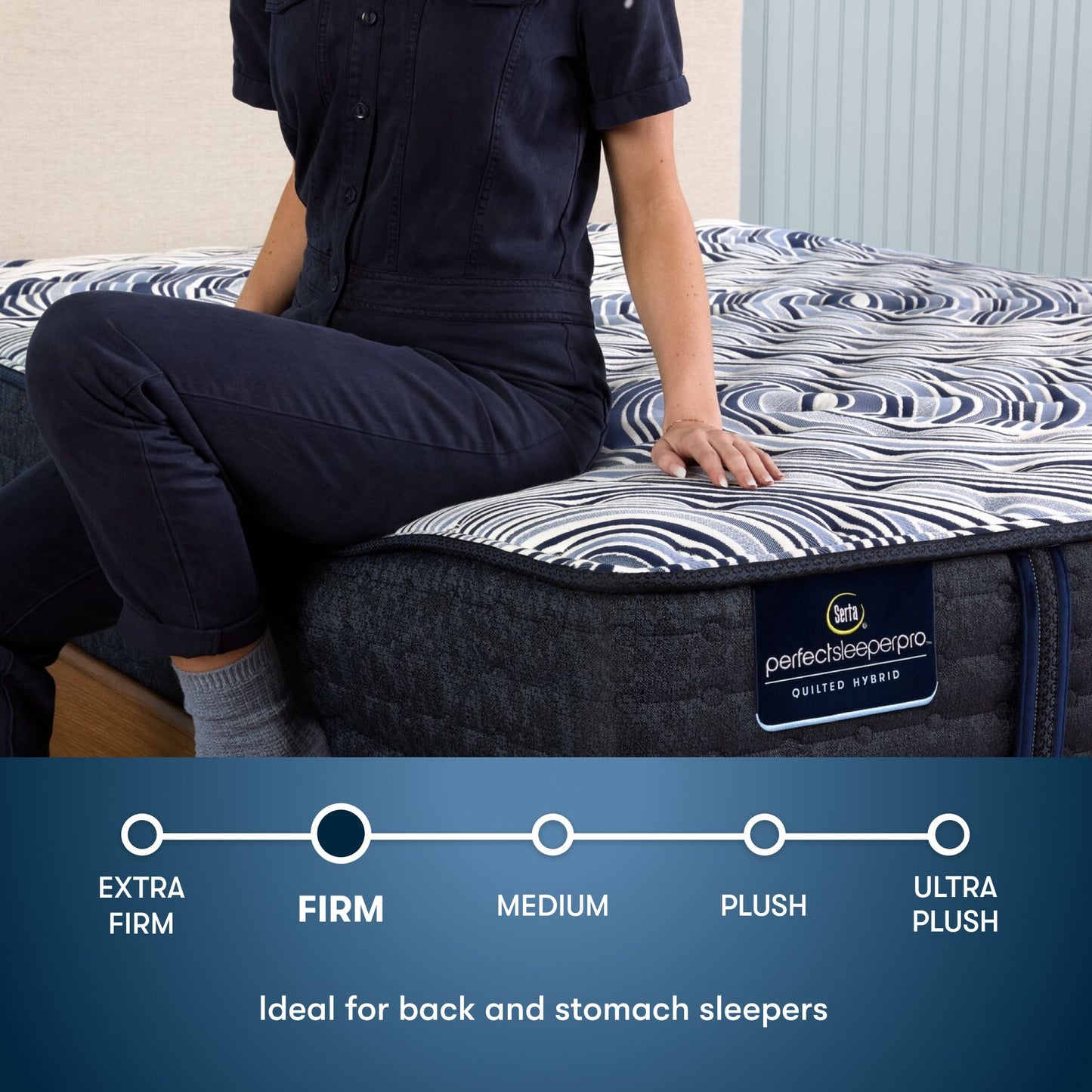 Perfect Sleeper Pro Geneva Firm Mattress comfort scale with a woman pictured sitting on left side of the bed || Level: Level 2 || Feel: Firm