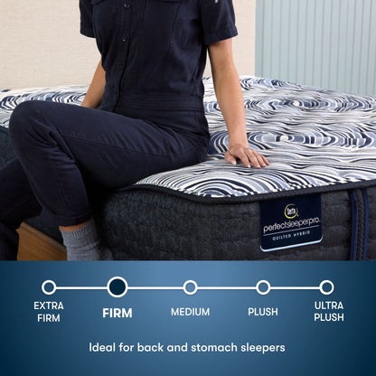 Perfect Sleeper Pro Geneva Firm Mattress comfort scale with a woman pictured sitting on left side of the bed || Level: Level 2 || Feel: Firm