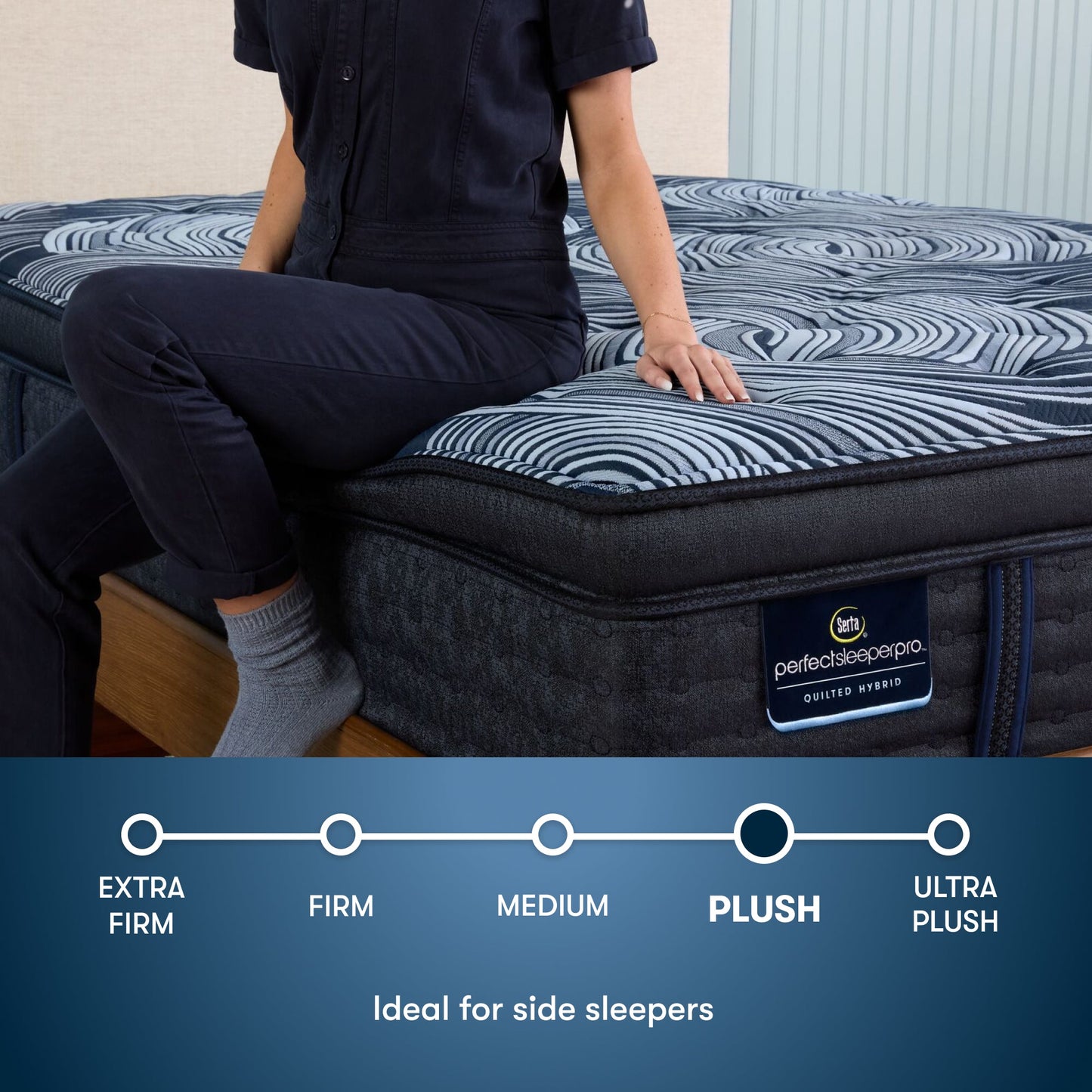 Perfect Sleeper Pro Valais Plush Pillow Top Mattress comfort scale with a woman pictured sitting on left side of the bed || Level: Level 3 || Feel: Plush Pillow Top
