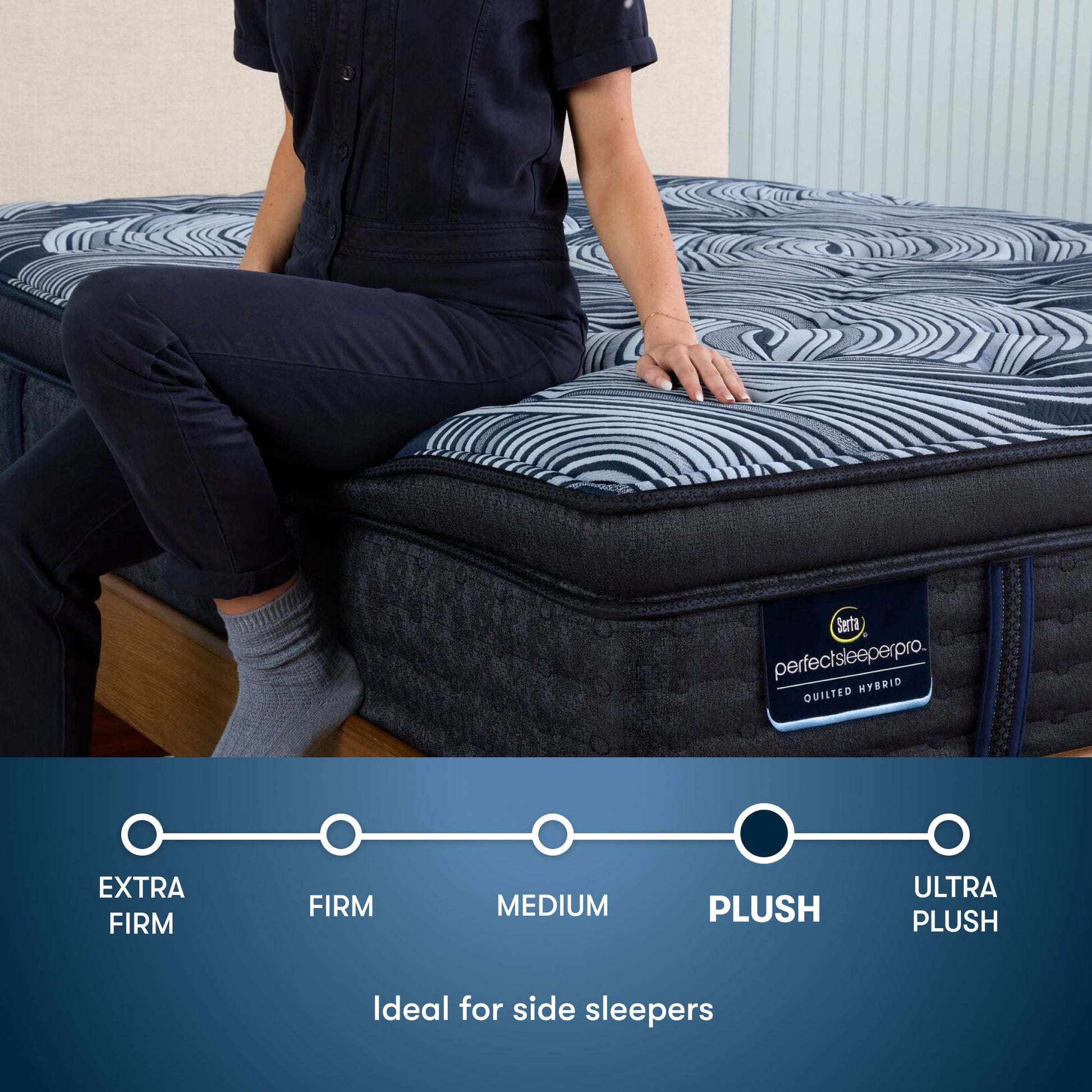 Perfect Sleeper Pro Valais Plush Pillow Top Mattress comfort scale with a woman pictured sitting on left side of the bed || Level: Level 3 || Feel: Plush Pillow Top
