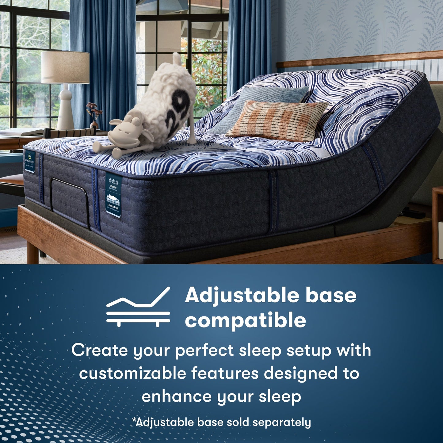 Serta Sheep sitting on a Perfect Sleeper Pro Edinburgh Plush Pillow Top Mattress that is sitting in an adjustable base || Level: Level 2 || Feel: Plush Pillow Top

