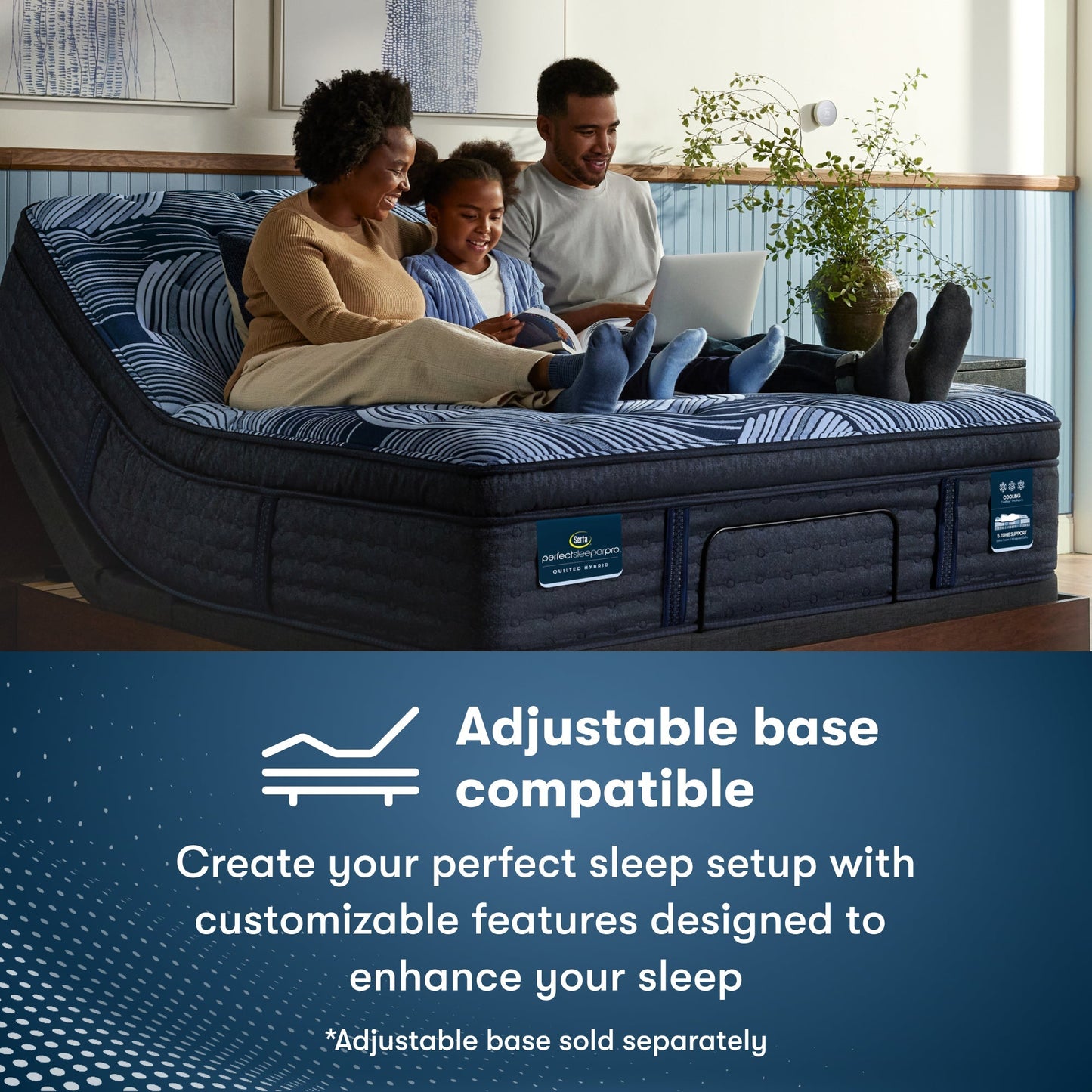 Family of 3, woman on the left, daughter in the middle and father on the right, sitting on a Perfect Sleeper Pro Valais Plush Pillow Top Mattress that is sitting in an adjustable base || Level: Level 3 || Feel: Plush Pillow Top
