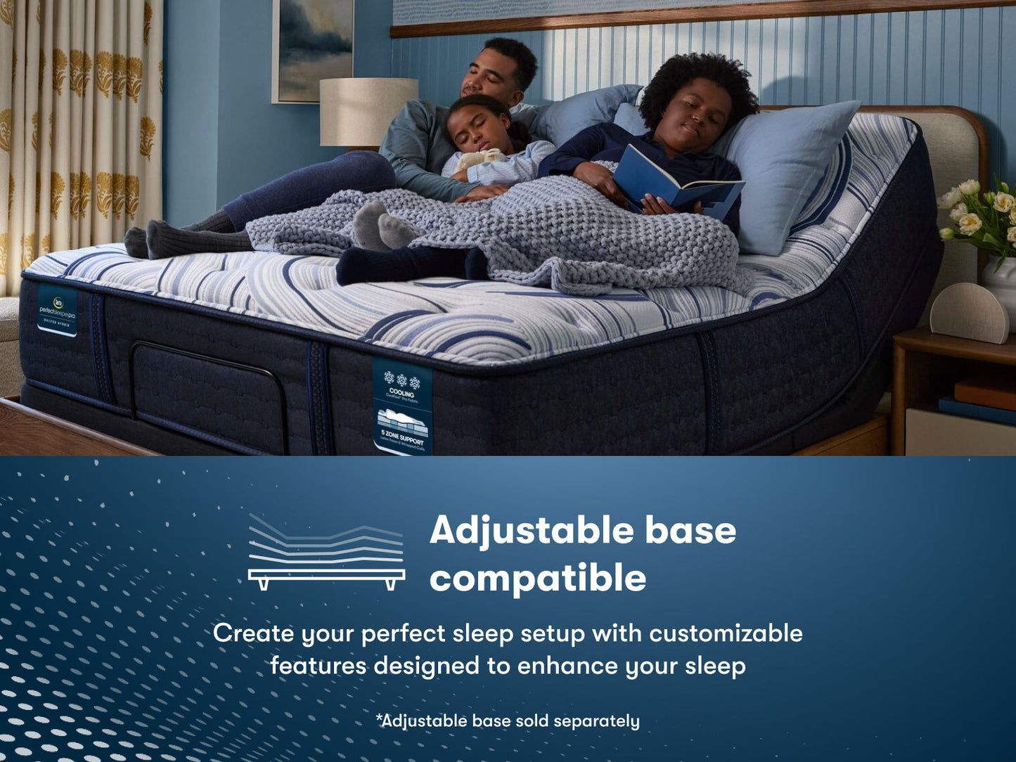 Family of 3, man on the left, daughter in the middle and son on the right, sitting on a Perfect Sleeper Pro Kensington Medium Mattress that is sitting in an adjustable base || Level: Level 1 || Feel: Medium