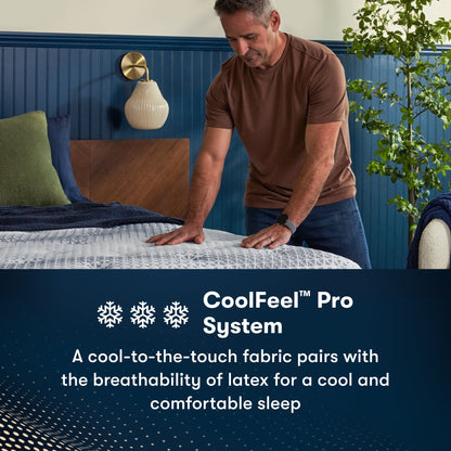Man standing at the right of an iComfortPro Dartmouth Pillow Top Mattress feeling the comfort || feel: plush pillow top || level: Level 2