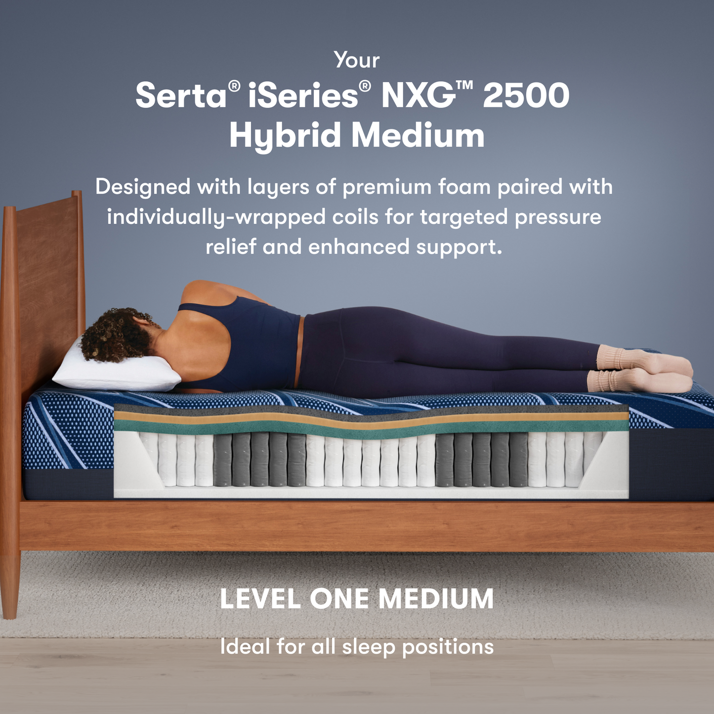 Serta iSeries NXG 2500 Hybrid Medium mattress with a person lying on it, showing its layers.