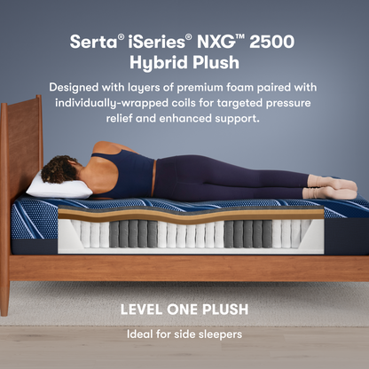 Serta iSeries NXG 2500 Hybrid Plush mattress with a person lying on it, showing mattress layers.