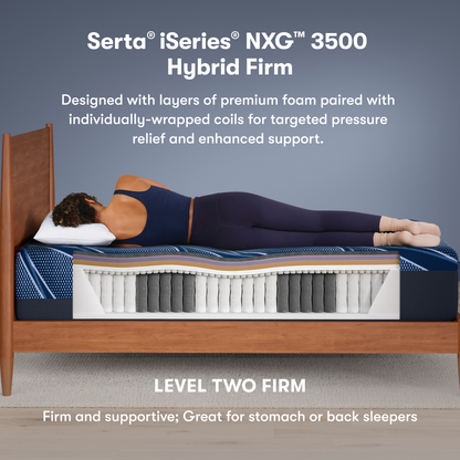Serta iSeries NXG 3500 hybrid firm mattress with a person lying on it, showing mattress layers.