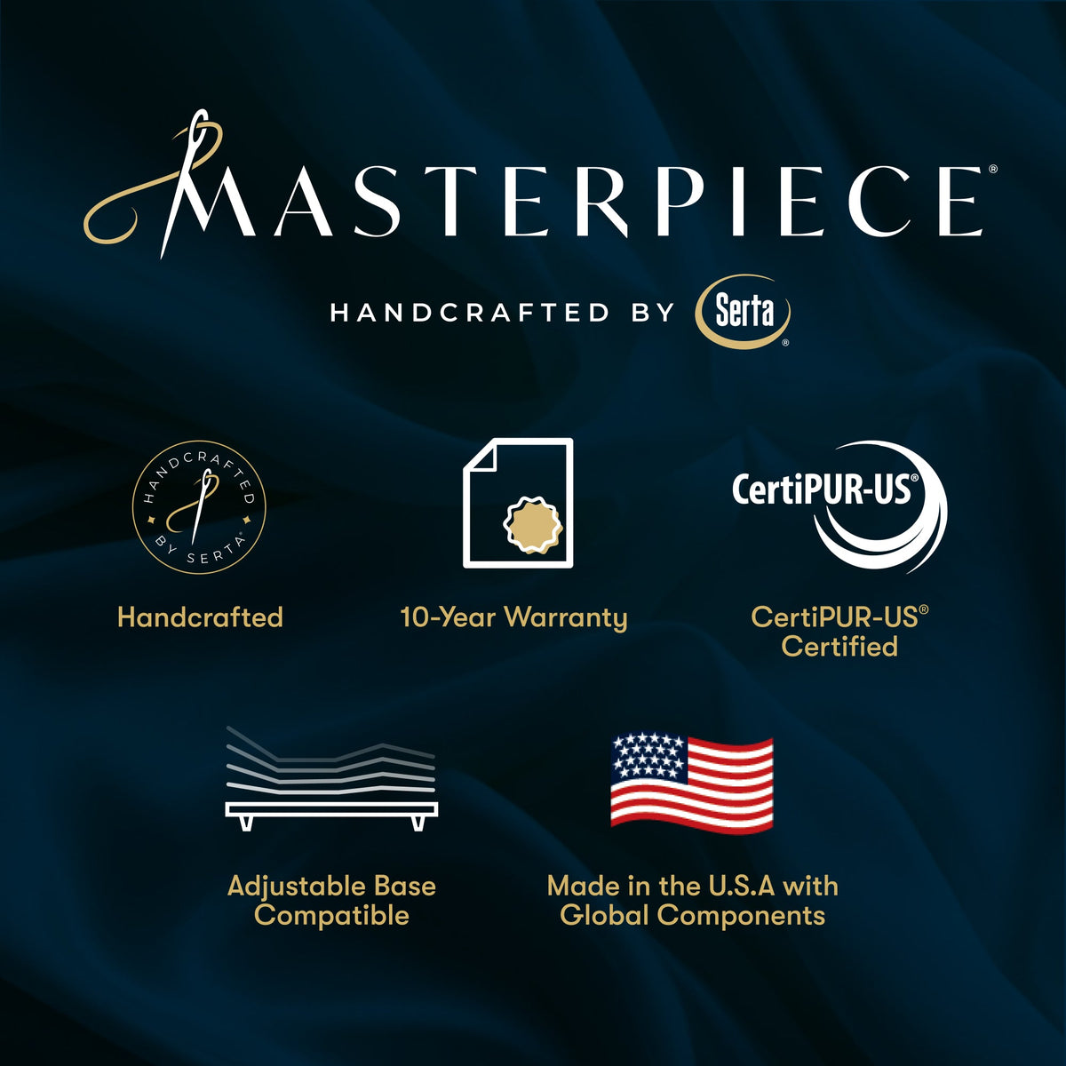 Dark navy promotional graphic for Masterpiece, showing the Masterpiece name and Serta branding, plus icons and text for handcrafted quality, 10-year warranty, CertiPUR-US certification, adjustable base compatibility, and Made in the U.S.