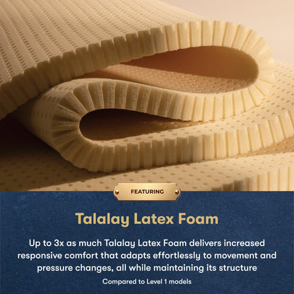 A close-up of a rolled beige latex foam sheet with a textured honeycomb surface, shown above a dark blue text panel that reads 'Featuring Talalay Latex Foam' with descriptive copy.