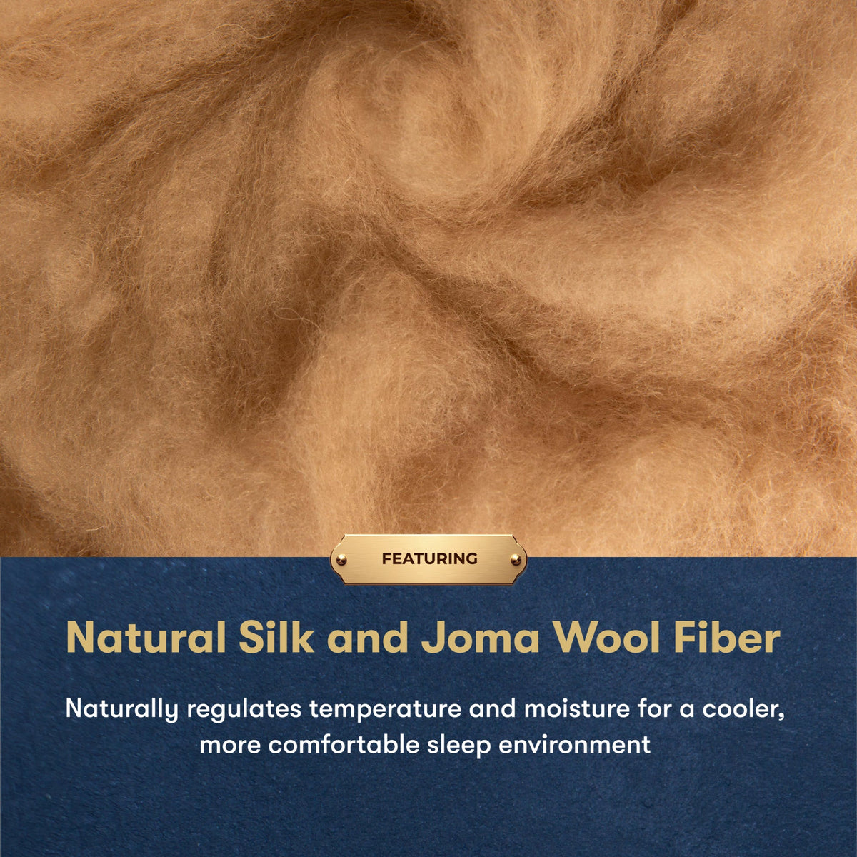 Close-up of fluffy natural silk and Joma wool fibers in warm tan and brown tones, with a dark blue banner at the bottom containing text about temperature and moisture regulation for sleep.