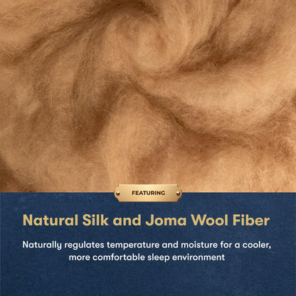 Close-up of fluffy natural silk and Joma wool fibers in warm tan and brown tones, with a dark blue banner at the bottom containing text about temperature and moisture regulation for sleep.