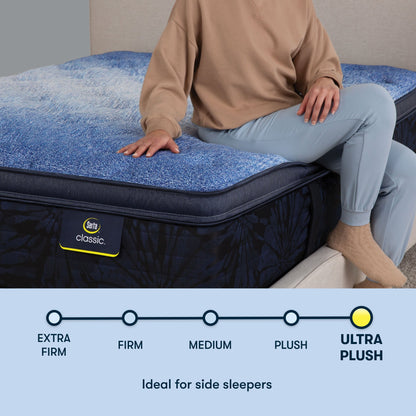 Woman sitting on a Serta classic plush pillow  top mattress with her right hand placed on the mattress ||feel: plush pillow top ||level: enhanced